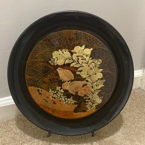 Vintage Otagiri Black Laquerware Tray with Gold Applique Blossoms and Quail